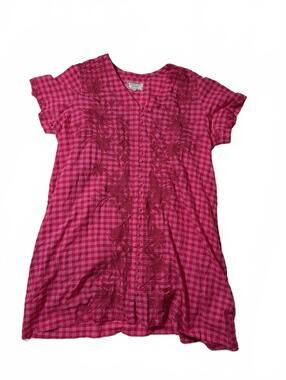 Johnny Was Pink Gingham Floral Embroidered Dress Size XL